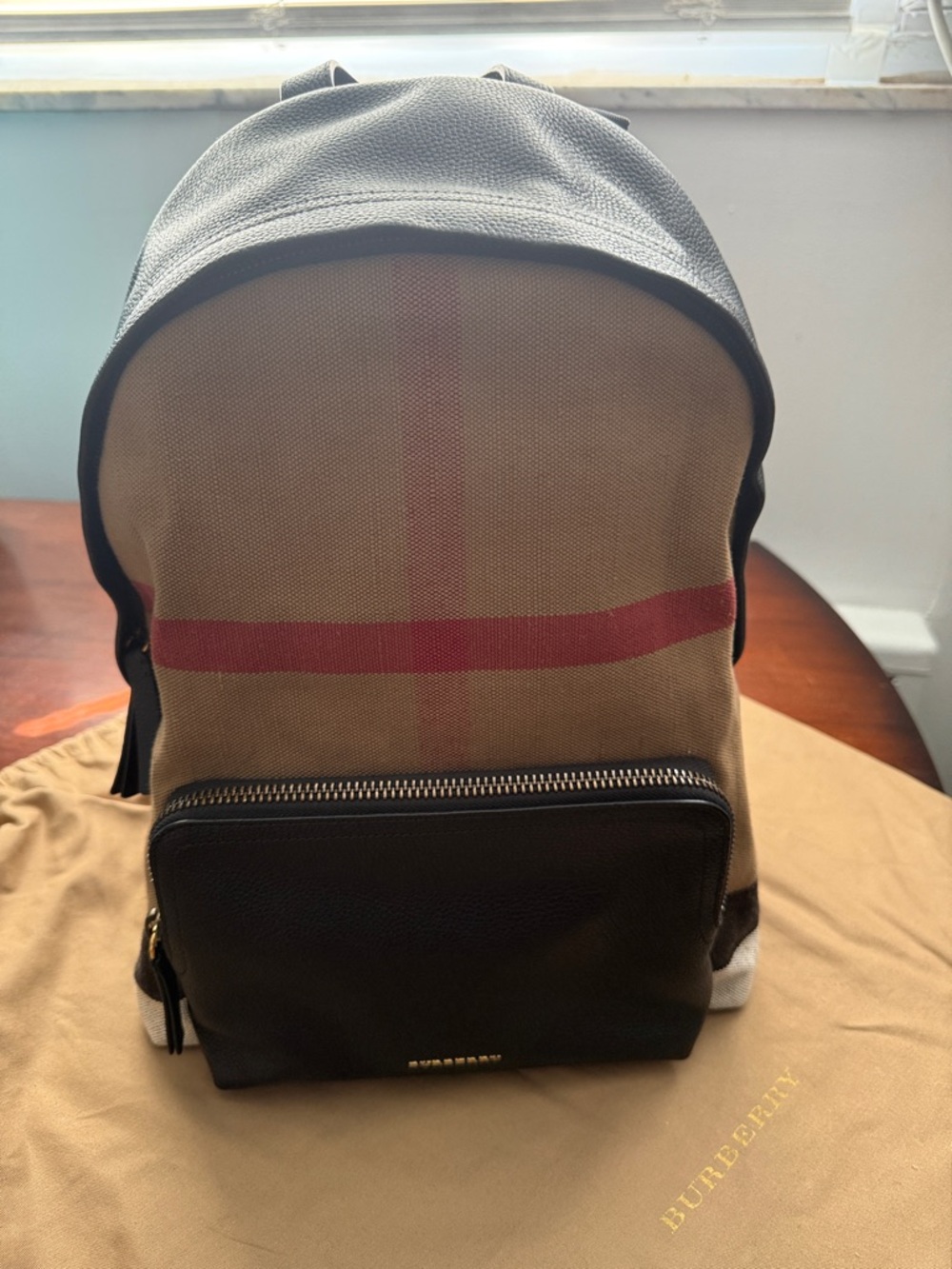 Burberry Tan Canvas Backpack with Black Leather and Red Stripe